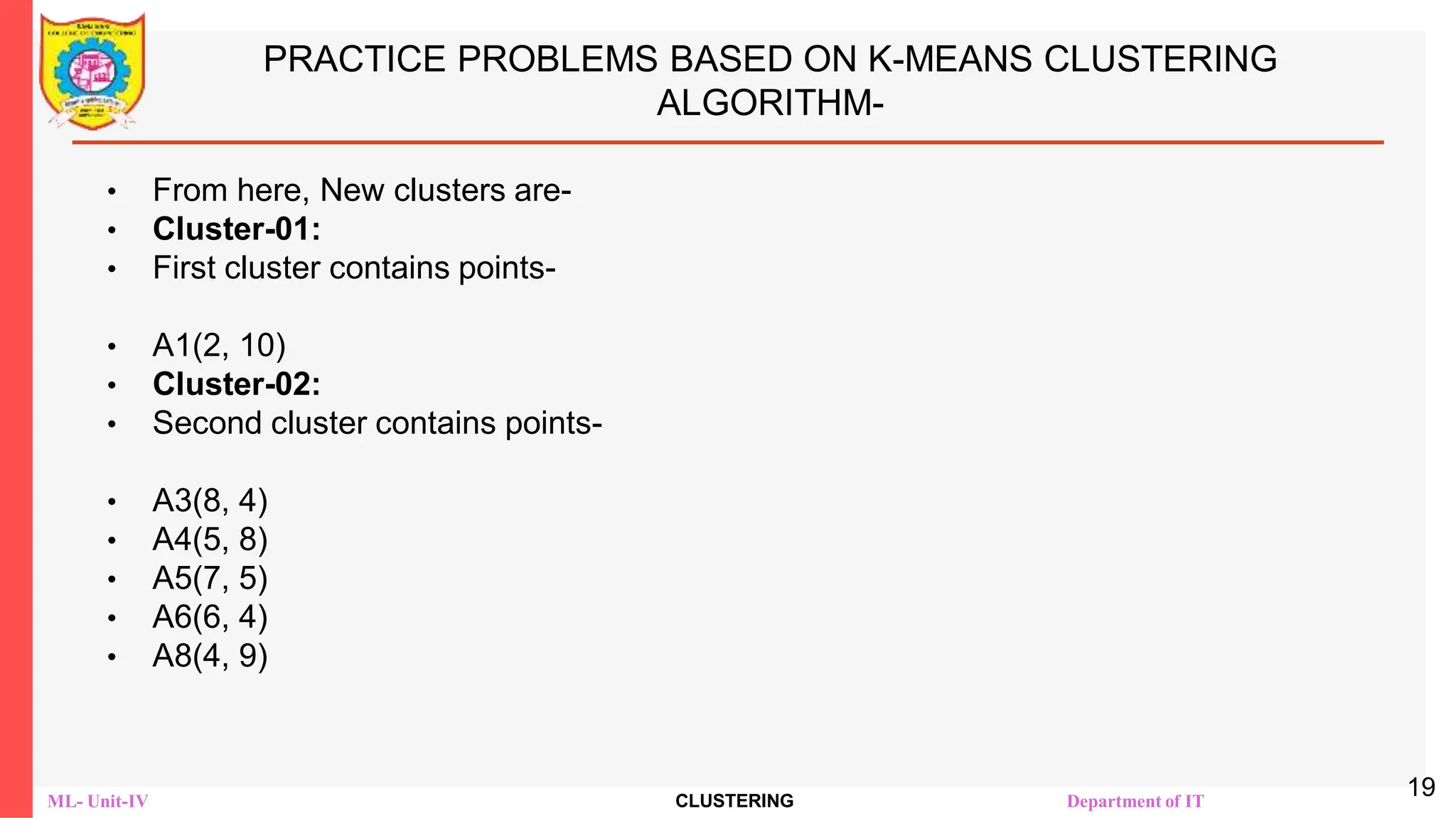 ML- Unit-IV CLUSTERING Department of IT
PRACTICE PROBLEMS BASED ON K-MEANS CLUSTERING
ALGORITHM-
• From here, New clusters are-
• Cluster-01:
• First cluster contains points-
• A1(2, 10)
• Cluster-02:
• Second cluster contains points-
• A3(8, 4)
• A4(5, 8)
• A5(7, 5)
• A6(6, 4)
• A8(4, 9)
19
 