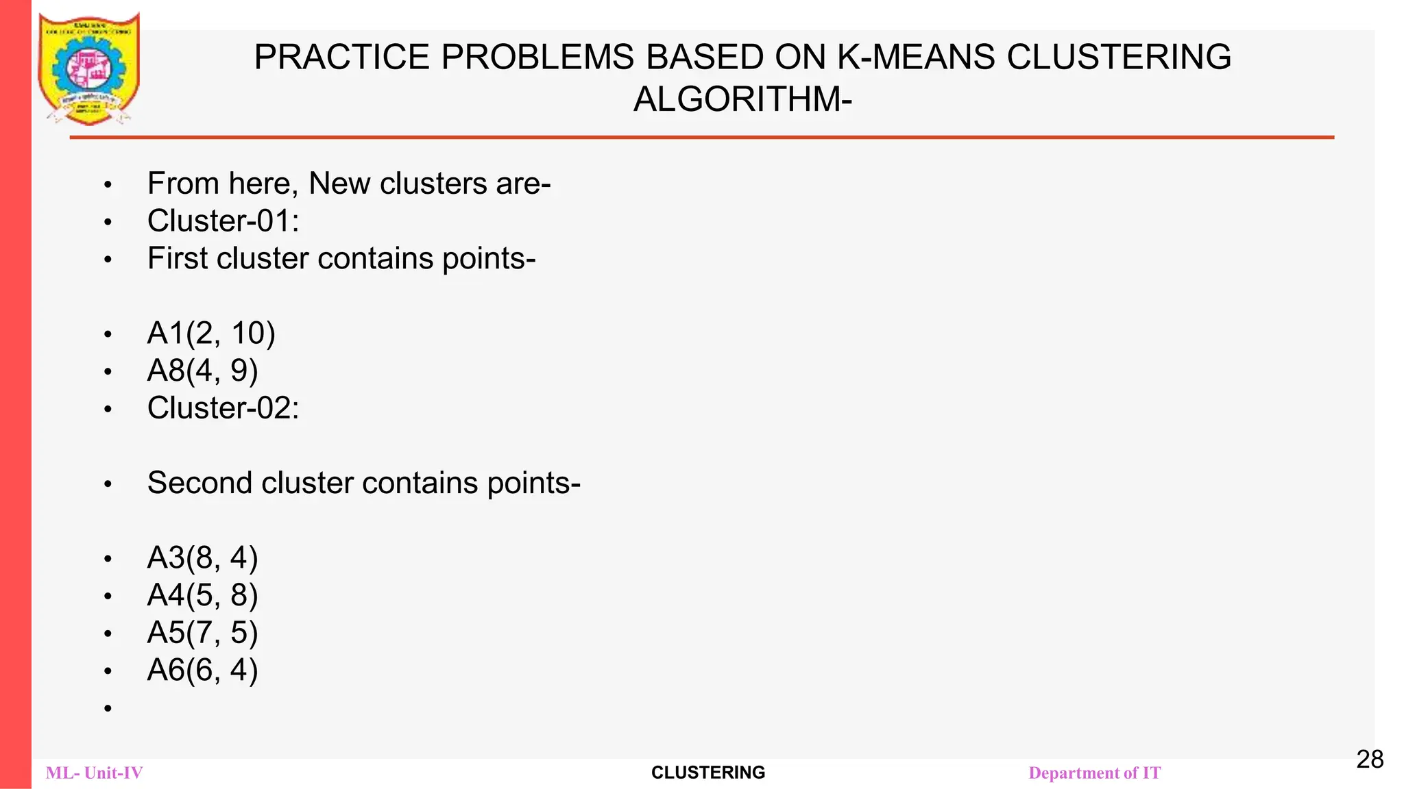 ML- Unit-IV CLUSTERING Department of IT
PRACTICE PROBLEMS BASED ON K-MEANS CLUSTERING
ALGORITHM-
• From here, New clusters are-
• Cluster-01:
• First cluster contains points-
• A1(2, 10)
• A8(4, 9)
• Cluster-02:
• Second cluster contains points-
• A3(8, 4)
• A4(5, 8)
• A5(7, 5)
• A6(6, 4)
•
28
 