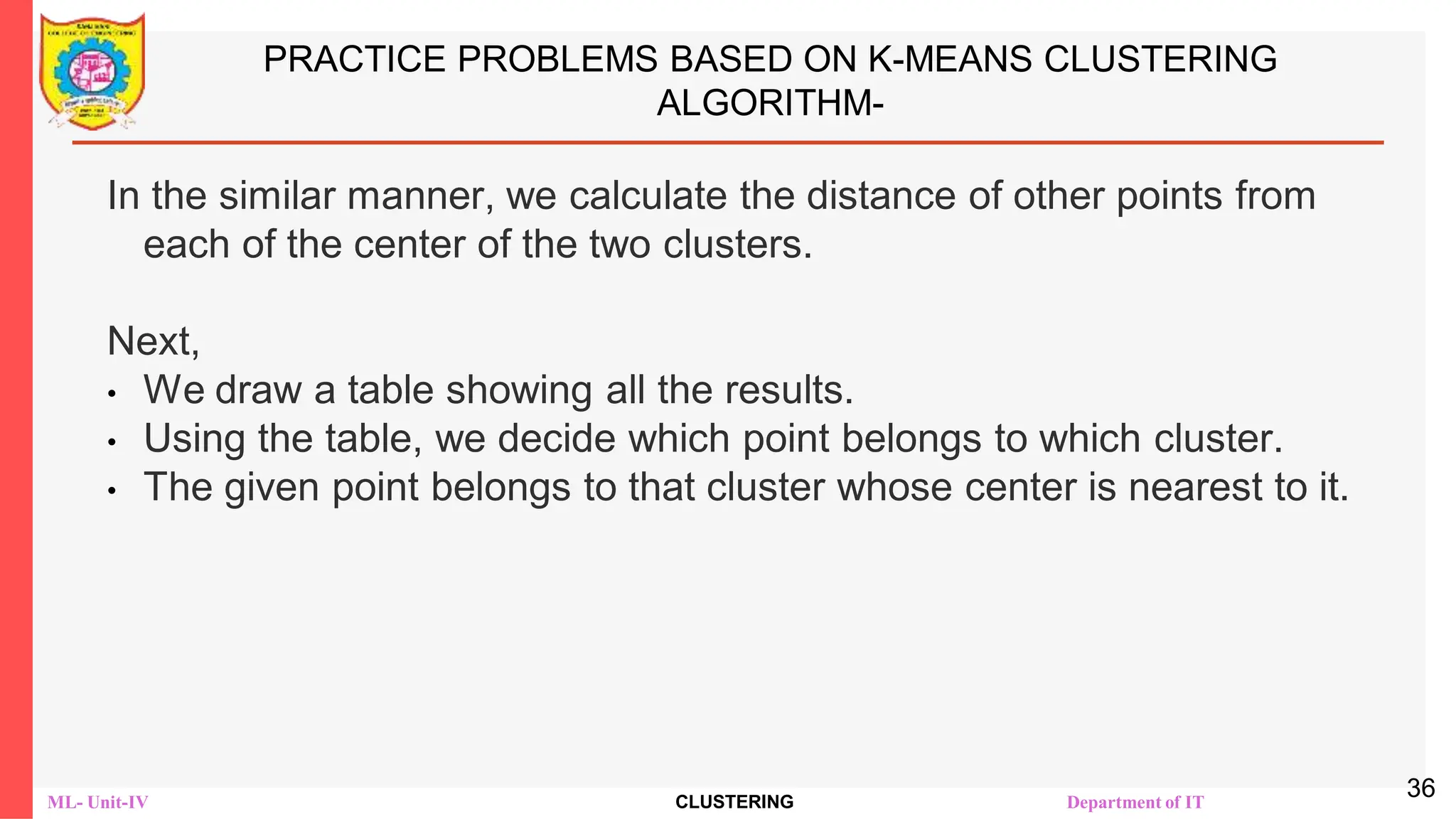 ML- Unit-IV CLUSTERING Department of IT
PRACTICE PROBLEMS BASED ON K-MEANS CLUSTERING
ALGORITHM-
In the similar manner, we calculate the distance of other points from
each of the center of the two clusters.
Next,
• We draw a table showing all the results.
• Using the table, we decide which point belongs to which cluster.
• The given point belongs to that cluster whose center is nearest to it.
36
 