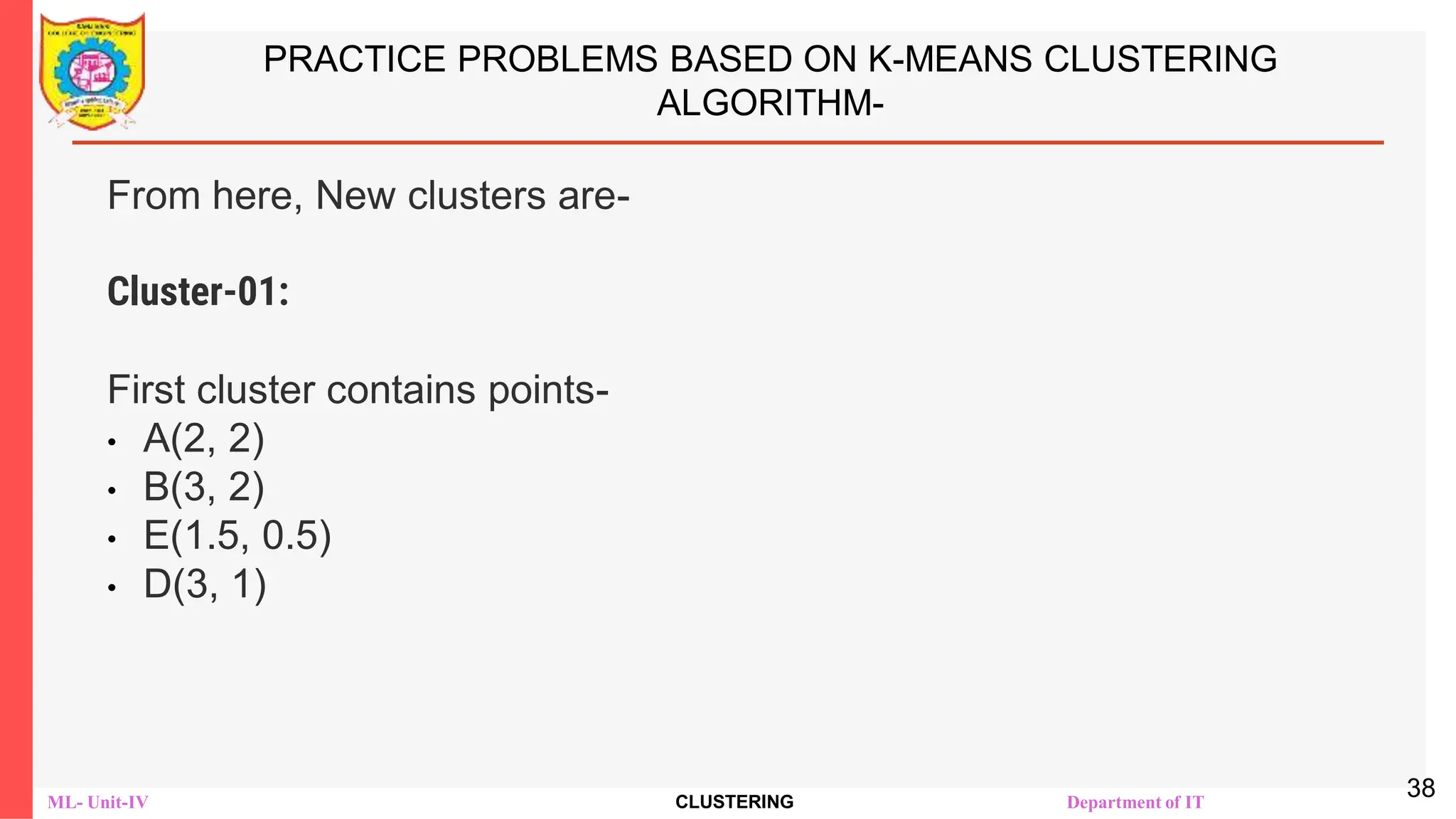 ML- Unit-IV CLUSTERING Department of IT
PRACTICE PROBLEMS BASED ON K-MEANS CLUSTERING
ALGORITHM-
From here, New clusters are-
Cluster-01:
First cluster contains points-
• A(2, 2)
• B(3, 2)
• E(1.5, 0.5)
• D(3, 1)
38
 