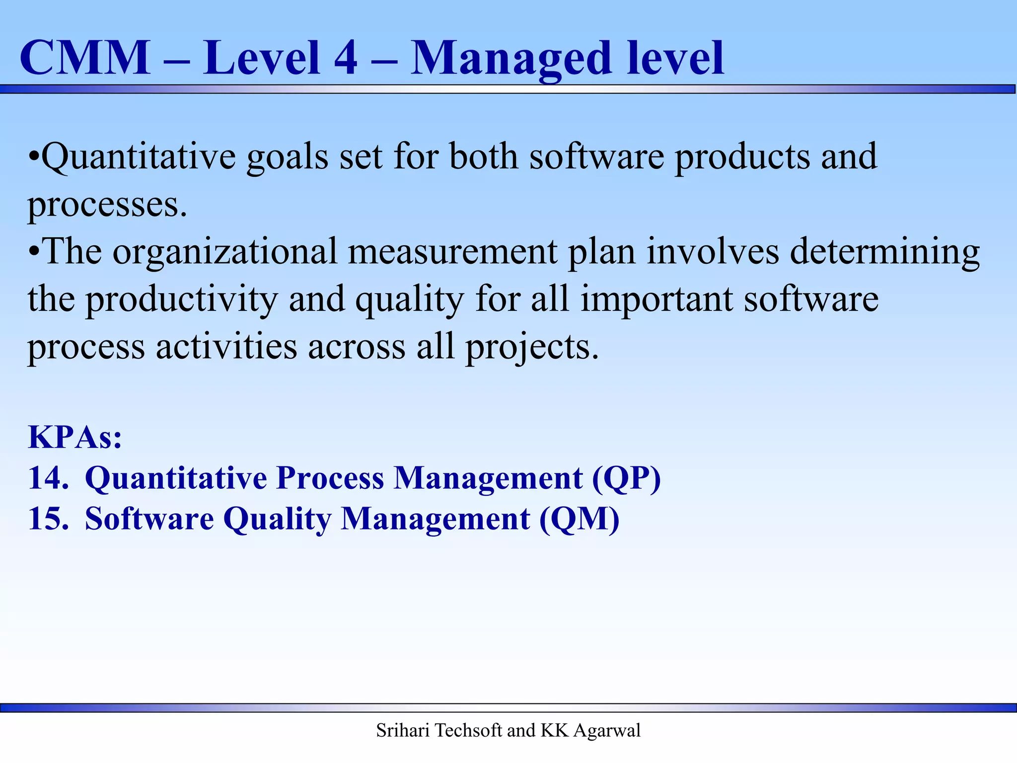 Srihari Techsoft and KK Agarwal
CMM – Level 4 – Managed level
•Quantitative goals set for both software products and
processes.
•The organizational measurement plan involves determining
the productivity and quality for all important software
process activities across all projects.
KPAs:
14. Quantitative Process Management (QP)
15. Software Quality Management (QM)
 