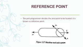 REFERENCE POINT
– The part programmer decides the zero point to be located. It is
known as reference point.
 
