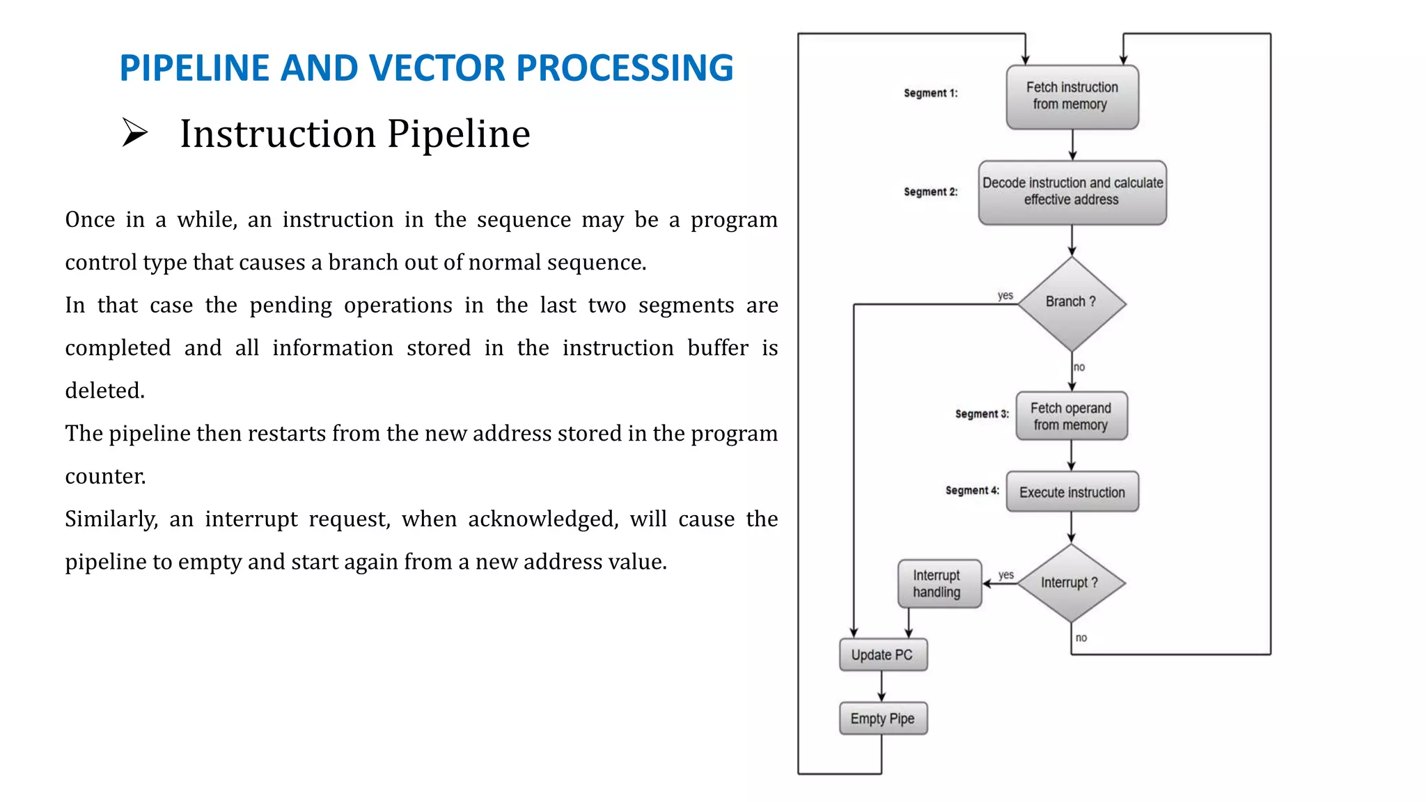 PIPELINE AND VECTOR PROCESSING
 Instruction Pipeline
Once in a while, an instruction in the sequence may be a program
control type that causes a branch out of normal sequence.
In that case the pending operations in the last two segments are
completed and all information stored in the instruction buffer is
deleted.
The pipeline then restarts from the new address stored in the program
counter.
Similarly, an interrupt request, when acknowledged, will cause the
pipeline to empty and start again from a new address value.
 