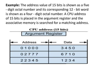 Example: The address value of 15 bits is shown as a five
- digit octal number and its corresponding 12 - bit word
is shown as a four - digit octal number. A CPU address
of 15 bits is placed in the argument register and the
associative memory is searched for a matching address.
 