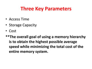 Three Key Parameters
• Access Time
• Storage Capacity
• Cost
**The overall goal of using a memory hierarchy
is to obtain the highest possible average
speed while minimizing the total cost of the
entire memory system.
 