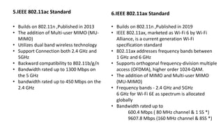 5.IEEE 802.11ac Standard
• Builds on 802.11n ,Published in 2013
• The addition of Multi-user MIMO (MU-
MIMO)
• Utilizes dual band wireless technology
• Support Connection both 2.4 GHz and
5GHz
• Backward compatibility to 802.11b/g/n
• Bandwidth rated up to 1300 Mbps on
the 5 GHz
• bandwidth rated up to 450 Mbps on the
2.4 GHz
• Builds on 802.11n ,Published in 2019
• IEEE 802.11ax, marketed as Wi-Fi 6 by Wi-Fi
Alliance, is a current generation Wi-Fi
specification standard
• 802.11ax addresses frequency bands between
1 GHz and 6 GHz
• Supports orthogonal frequency-division multiple
access (OFDMA), higher order 1024-QAM.
• The addition of MIMO and Multi-user MIMO
(MU-MIMO)
• Frequency bands - 2.4 GHz and 5GHz
6 GHz for Wi-Fi 6E as spectrum is allocated
globally
• Bandwidth rated up to
600.4 Mbps ( 80 MHz channel & 1 SS *)
9607.8 Mbps (160 MHz channel & 8SS *)
6.IEEE 802.11ax Standard
 