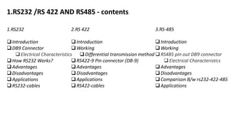 1.RS232 /RS 422 AND RS485 - contents
1.RS232
Introduction
DB9 Connector
Electrical Characteristics
How RS232 Works?
Advantages
Disadvantages
Applications
RS232-cables
2.RS 422
Introduction
Working
Differential transmission method
RS422-9 Pin connector (DB-9)
Advantages
Disadvantages
Applications
RS422-cables
3.RS-485
Introduction
Working
RS485 pin out DB9 connector
Electrical Characteristics
Advantages
Disadvantages
Comparison B/w rs232-422-485
Applications
 