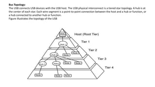 Bus Topology:
The USB connects USB devices with the USB host. The USB physical interconnect is a tiered star topology. A hub is at
the center of each star. Each wire segment is a point-to-point connection between the host and a hub or function, or
a hub connected to another hub or function.
Figure illustrates the topology of the USB
 
