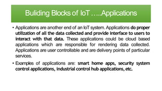 Buliding Blocksof IoT…..Applications
• Applications are another end of an IoT system. Applications do proper
utilization of all the data collected and provide interface to users to
interact with that data. These applications could be cloud based
applications which are responsible for rendering data collected.
Applications are user controllable and are delivery points of particular
services.
• Examples of applications are: smart home apps, security system
control applications, industrial control hub applications,etc.
 