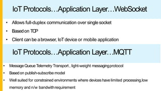 IoT Protocols…Application Layer…WebSocket
• Allows full-duplex communication over singlesocket
• Basedon TCP
• Client canbe abrowser, IoTdevice or mobile application
IoTProtocols…Application Layer…MQTT
• MessageQueue Telemetry Transport , light-weight messagingprotocol
• Basedon publish-subscribe model
• Well suited for constrained environments where devices have limited processing,low
memory and n/w bandwithrequirement
 