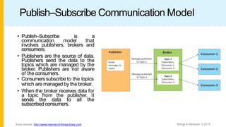 Publish–Subscribe Communication Model
• Publish–Subscribe is a
communication model that
involves publishers, brokers and
consumers.
• Publishers are the source of data.
Publishers send the data to the
topics which are managed by the
broker. Publishers are not aware
of the consumers.
• Consumerssubscribe to the topics
which are managed by the broker.
• When the broker receives data for
a topic from the publisher, it
sends the data to all the
subscribed consumers.
Bahga & Madisetti, © 2015
Book website: http://www.internet-of-things-book.com
 