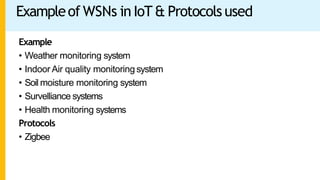 Exampleof WSNs in IoT& Protocols used
Example
• Weather monitoring system
• Indoor Air quality monitoring system
• Soil moisture monitoring system
• Survelliance systems
• Health monitoring systems
Protocols
• Zigbee
 