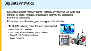 Big DataAnalytics
• Collection of data whose volume, velocity or variety is too large and
difficult to store, manage, process and analyze the data using
traditional databases.
• It involves data cleansing, processing andvisualization
• Lots of data is being collected andwarehoused
• Web data, e-commerce
• purchases at department/ grocerystores
• Bank/Credit Cardtransactions
• Social Network
 