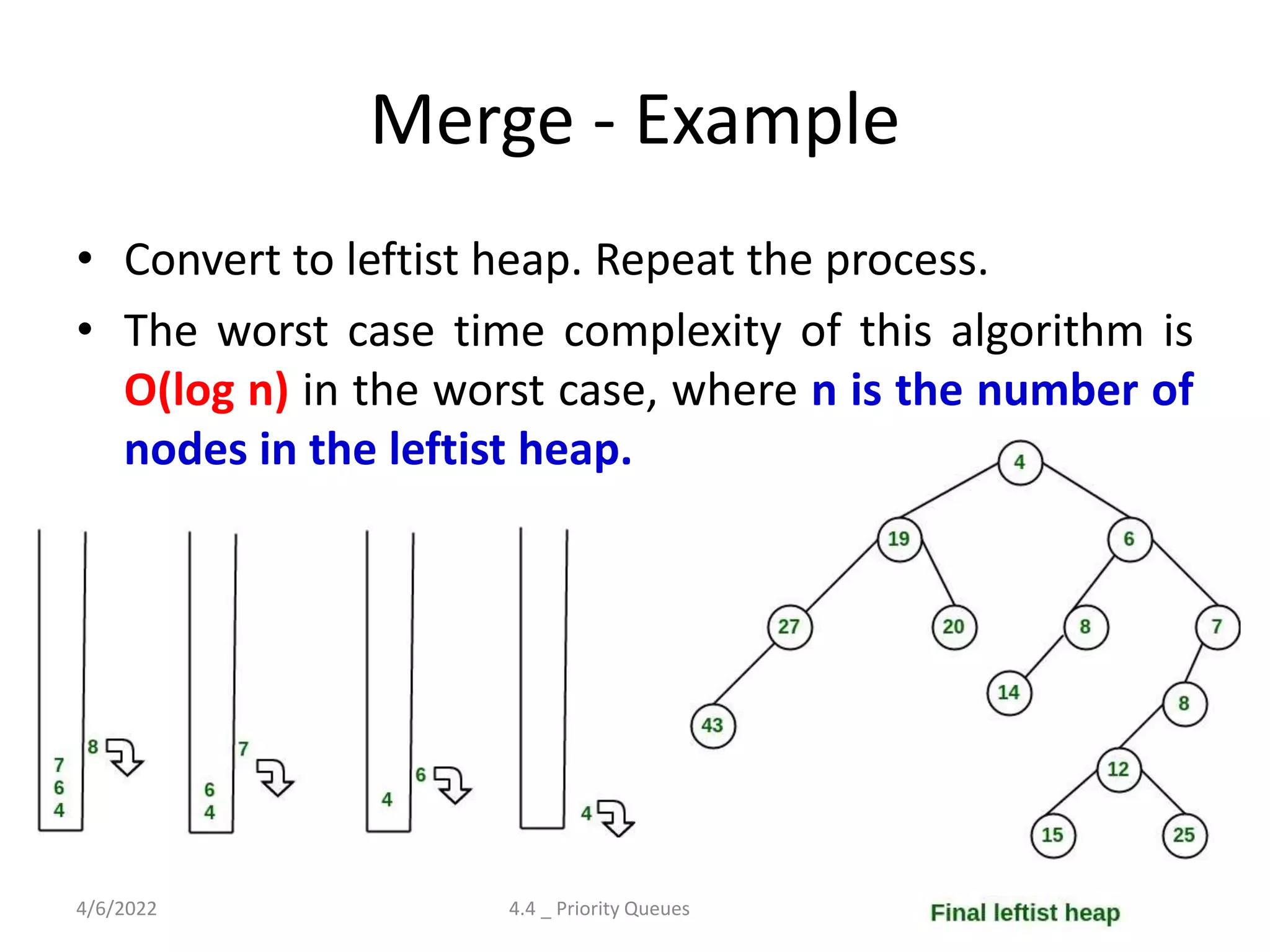 • Convert to leftist heap. Repeat the process.
• The worst case time complexity of this algorithm is
O(log n) in the worst case, where n is the number of
nodes in the leftist heap.
Merge - Example
4/6/2022 4.4 _ Priority Queues (Heaps) 153
 