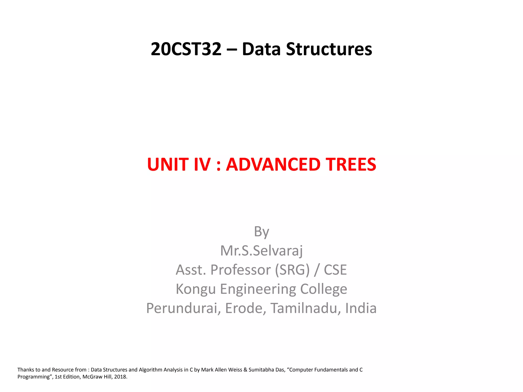 UNIT IV : ADVANCED TREES
By
Mr.S.Selvaraj
Asst. Professor (SRG) / CSE
Kongu Engineering College
Perundurai, Erode, Tamilnadu, India
Thanks to and Resource from : Data Structures and Algorithm Analysis in C by Mark Allen Weiss & Sumitabha Das, “Computer Fundamentals and C
Programming”, 1st Edition, McGraw Hill, 2018.
20CST32 – Data Structures
 
