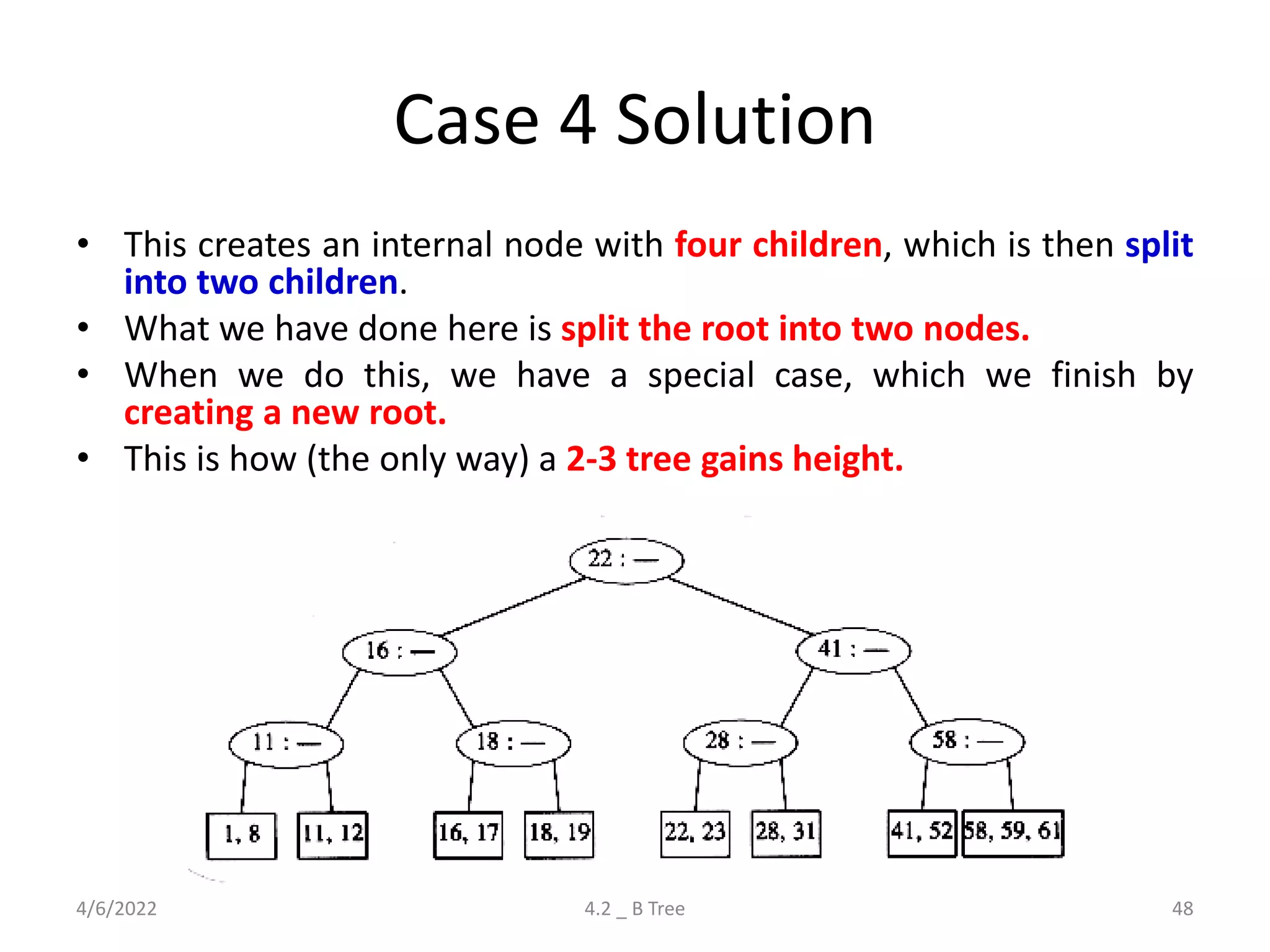 Case 4 Solution
• This creates an internal node with four children, which is then split
into two children.
• What we have done here is split the root into two nodes.
• When we do this, we have a special case, which we finish by
creating a new root.
• This is how (the only way) a 2-3 tree gains height.
4/6/2022 4.2 _ B Tree 48
 