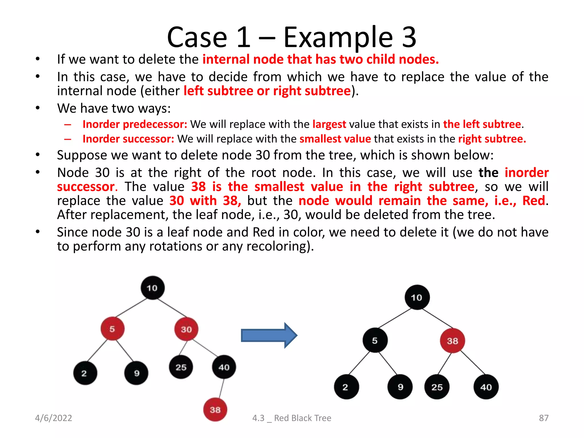 Case 1 – Example 3
• If we want to delete the internal node that has two child nodes.
• In this case, we have to decide from which we have to replace the value of the
internal node (either left subtree or right subtree).
• We have two ways:
– Inorder predecessor: We will replace with the largest value that exists in the left subtree.
– Inorder successor: We will replace with the smallest value that exists in the right subtree.
• Suppose we want to delete node 30 from the tree, which is shown below:
• Node 30 is at the right of the root node. In this case, we will use the inorder
successor. The value 38 is the smallest value in the right subtree, so we will
replace the value 30 with 38, but the node would remain the same, i.e., Red.
After replacement, the leaf node, i.e., 30, would be deleted from the tree.
• Since node 30 is a leaf node and Red in color, we need to delete it (we do not have
to perform any rotations or any recoloring).
4/6/2022 4.3 _ Red Black Tree 87
 