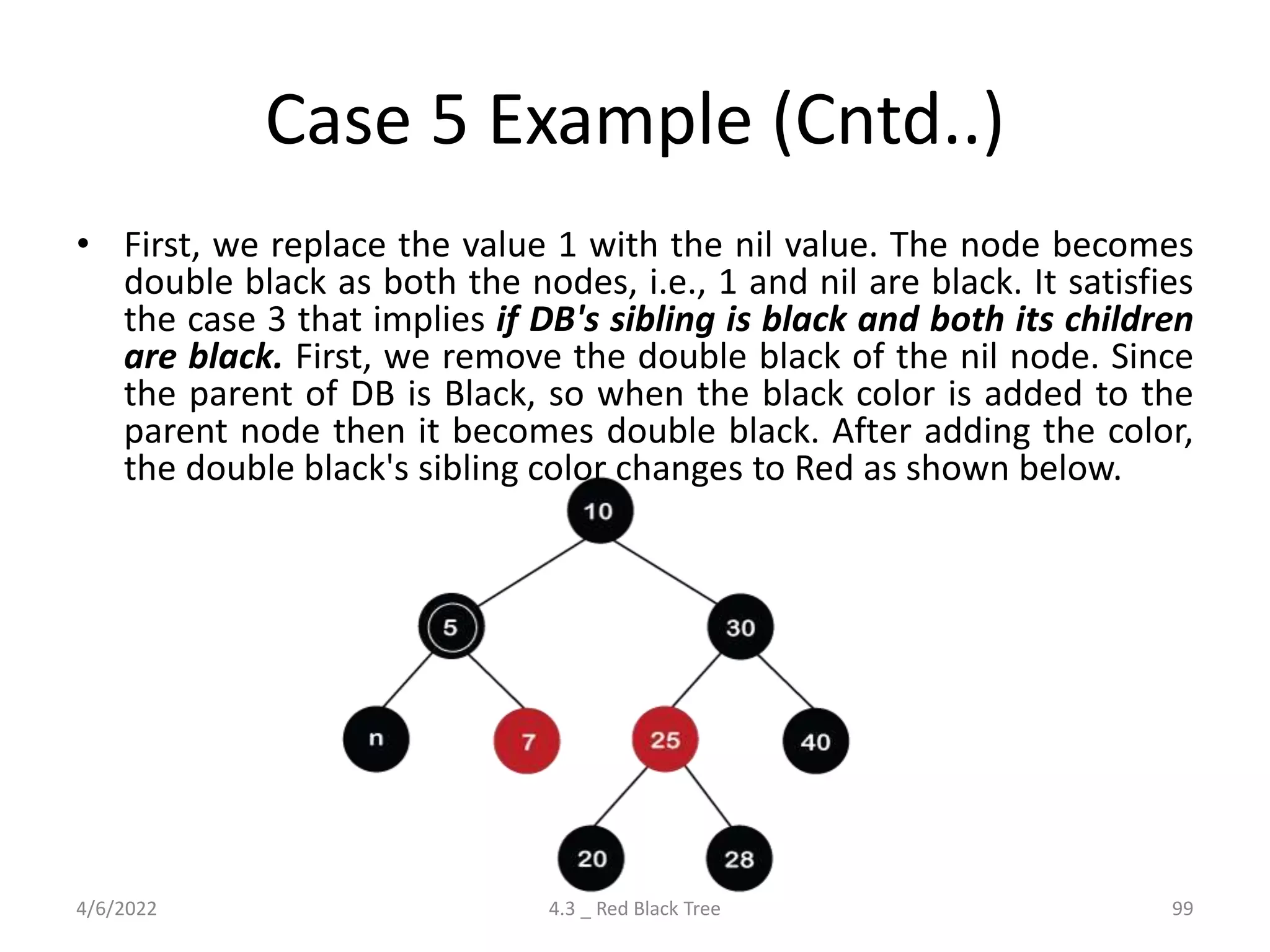 Case 5 Example (Cntd..)
• First, we replace the value 1 with the nil value. The node becomes
double black as both the nodes, i.e., 1 and nil are black. It satisfies
the case 3 that implies if DB's sibling is black and both its children
are black. First, we remove the double black of the nil node. Since
the parent of DB is Black, so when the black color is added to the
parent node then it becomes double black. After adding the color,
the double black's sibling color changes to Red as shown below.
4/6/2022 4.3 _ Red Black Tree 99
 