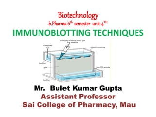 Biotechnology
b.Pharma 6th semester unit-4TH
IMMUNOBLOTTING TECHNIQUES
Mr. Bulet Kumar Gupta
Assistant Professor
Sai College of Pharmacy, Mau
 