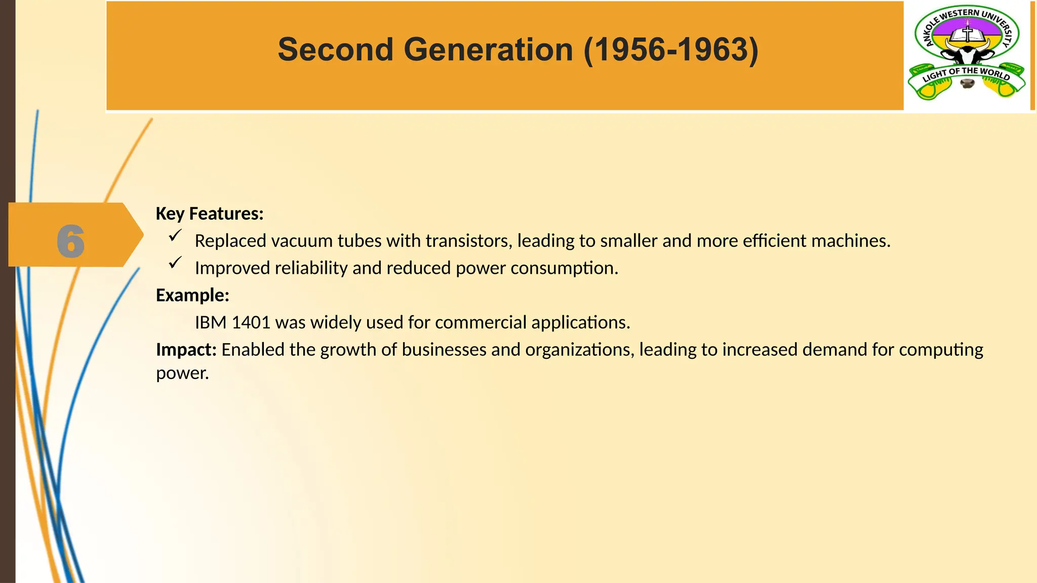 6
Second Generation (1956-1963)
Key Features:
 Replaced vacuum tubes with transistors, leading to smaller and more efficient machines.
 Improved reliability and reduced power consumption.
Example:
IBM 1401 was widely used for commercial applications.
Impact: Enabled the growth of businesses and organizations, leading to increased demand for computing
power.
 