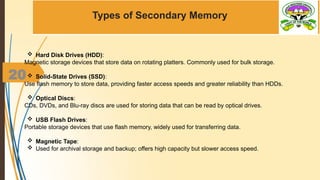 20
Types of Secondary Memory
 Hard Disk Drives (HDD):
Magnetic storage devices that store data on rotating platters. Commonly used for bulk storage.
 Solid-State Drives (SSD):
Use flash memory to store data, providing faster access speeds and greater reliability than HDDs.
 Optical Discs:
CDs, DVDs, and Blu-ray discs are used for storing data that can be read by optical drives.
 USB Flash Drives:
Portable storage devices that use flash memory, widely used for transferring data.
 Magnetic Tape:
 Used for archival storage and backup; offers high capacity but slower access speed.
 