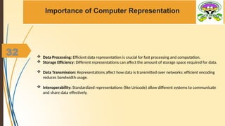 32
Importance of Computer Representation
 Data Processing: Efficient data representation is crucial for fast processing and computation.
 Storage Efficiency: Different representations can affect the amount of storage space required for data.
 Data Transmission: Representations affect how data is transmitted over networks; efficient encoding
reduces bandwidth usage.
 Interoperability: Standardized representations (like Unicode) allow different systems to communicate
and share data effectively.
 