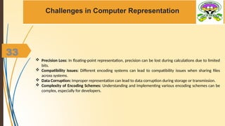 33
Challenges in Computer Representation
 Precision Loss: In floating-point representation, precision can be lost during calculations due to limited
bits.
 Compatibility Issues: Different encoding systems can lead to compatibility issues when sharing files
across systems.
 Data Corruption: Improper representation can lead to data corruption during storage or transmission.
 Complexity of Encoding Schemes: Understanding and implementing various encoding schemes can be
complex, especially for developers.
 