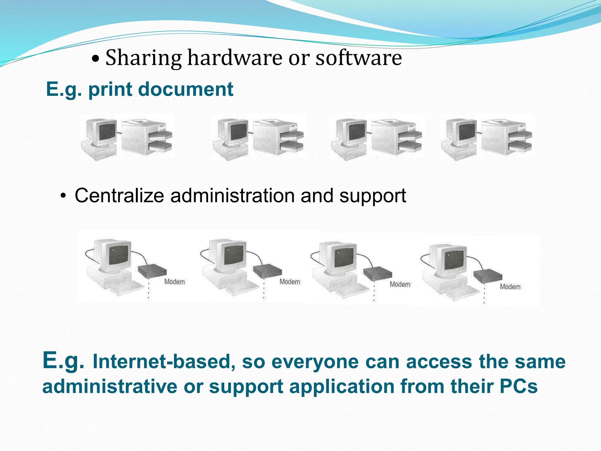 • Sharing hardware or software • Centralize administration and support E.g. print document E.g. Internet-based, so everyone can access the same administrative or support application from their PCs 