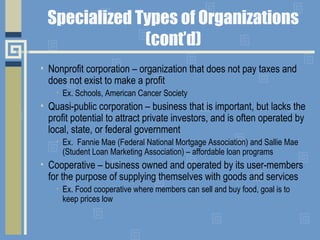 Specialized Types of Organizations
(cont’d)
• Nonprofit corporation – organization that does not pay taxes and
does not exist to make a profit
• Ex. Schools, American Cancer Society
• Quasi-public corporation – business that is important, but lacks the
profit potential to attract private investors, and is often operated by
local, state, or federal government
• Ex. Fannie Mae (Federal National Mortgage Association) and Sallie Mae
(Student Loan Marketing Association) – affordable loan programs
• Cooperative – business owned and operated by its user-members
for the purpose of supplying themselves with goods and services
• Ex. Food cooperative where members can sell and buy food, goal is to
keep prices low
 