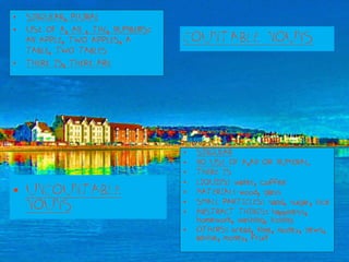 •   SINGULAR, PLURAL
•   USE OF A, AN , THE, NUMBERS:
    AN APPLE, TWO APPLES, A        COUNTABLE NOUNS
    TABLE, TWO TA...