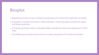 Boxplot
• Boxplots provide a means of depicting groups of numbers through their quartiles
• A boxplot may also have lines, called whiskers, indicating data outside the upper
and lower quartiles.
• The spacing shown within a boxplot helps indicate the skew and dispersion of the
data.
• The following example shows how to create a boxplot with randomized data.
 