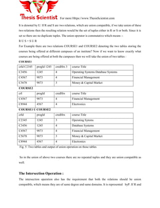 For more Https://www.ThesisScientist.com
It is denoted by U. If R and S are two relations, which are union compatible, if we take union of these
two relations then the resulting relation would be the set of tuples either in R or S or both. Since it is
set so there are no duplicate tuples. The union operator is commutative which means :-
R U S = S U R
For Example there are two relations COURSE1 and COURSE2 denoting the two tables storing the
courses being offered at different campuses of an institute? Now if we want to know exactly what
courses are being offered at both the campuses then we will take the union of two tables :
COURSE1
crId C2345 progId 1245 credHrs 3 course Title
C3456 1245 4 Operating Systems Database Systems
C4567 9873 4 Financial Management
C5678 9873 3 Money & Capital Market
COURSE2
crI progId credHrs course Title
C4567 9873 4 Financial Management
C8944 4567 4 Electronics
COURSE1 U COURSE2
crId progId credHrs course Title
C2345 1245 3 Operating Sytems
C3456 1245 4 Database Systems
C4567 9873 4 Financial Management
C5678 9873 3 Money & Capital Market
C8944 4567 4 Electronics
Fig. 5: Two tables and output of union operation on those tables
So in the union of above two courses there are no repeated tuples and they are union compatible as
well.
The Intersection Operation :
The intersection operation also has the requirement that both the relations should be union
compatible, which means they are of same degree and same domains. It is represented byP. If R and
 