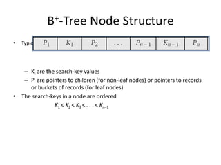 B+-Tree Node Structure
• Typical node
– Ki are the search-key values
– Pi are pointers to children (for non-leaf nodes) or...