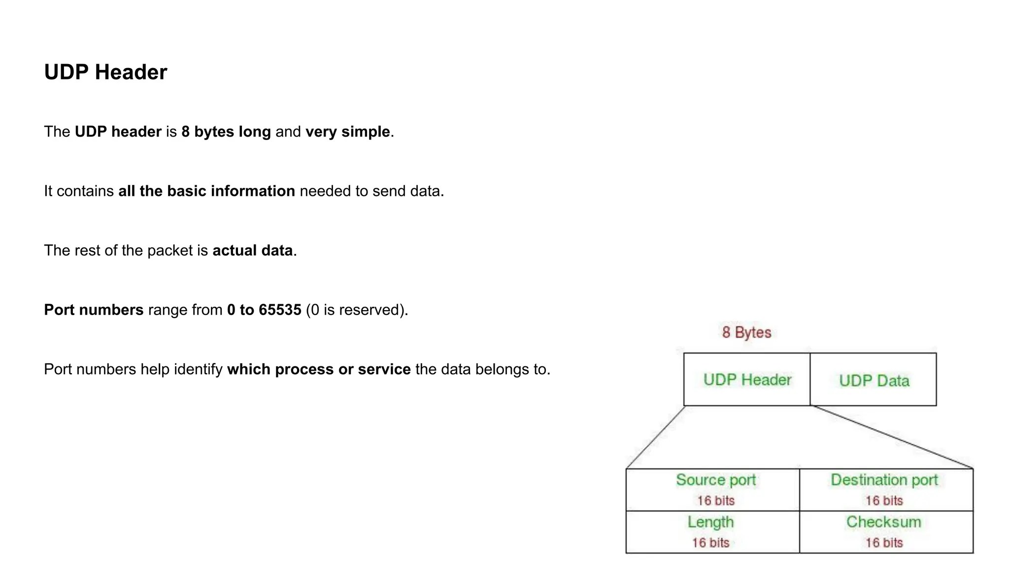 UDP Header
The UDP header is 8 bytes long and very simple.
It contains all the basic information needed to send data.
The rest of the packet is actual data.
Port numbers range from 0 to 65535 (0 is reserved).
Port numbers help identify which process or service the data belongs to.
 