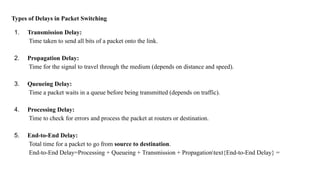 Types of Delays in Packet Switching
1. Transmission Delay:
Time taken to send all bits of a packet onto the link.
2. Propagation Delay:
Time for the signal to travel through the medium (depends on distance and speed).
3. Queueing Delay:
Time a packet waits in a queue before being transmitted (depends on traffic).
4. Processing Delay:
Time to check for errors and process the packet at routers or destination.
5. End-to-End Delay:
Total time for a packet to go from source to destination.
End-to-End Delay=Processing + Queueing + Transmission + Propagationtext{End-to-End Delay} =
 