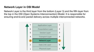 Network Layer in OSI Model
Network Layer is the third layer from the bottom (Layer 3) and the fifth layer from
the top in the OSI (Open Systems Interconnection) Model. It is responsible for
ensuring end-to-end packet delivery across multiple interconnected networks.
 
