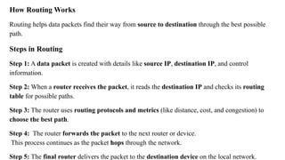 How Routing Works
Routing helps data packets find their way from source to destination through the best possible
path.
Steps in Routing
Step 1: A data packet is created with details like source IP, destination IP, and control
information.
Step 2: When a router receives the packet, it reads the destination IP and checks its routing
table for possible paths.
Step 3: The router uses routing protocols and metrics (like distance, cost, and congestion) to
choose the best path.
Step 4: The router forwards the packet to the next router or device.
This process continues as the packet hops through the network.
Step 5: The final router delivers the packet to the destination device on the local network.
 