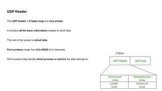 UDP Header
The UDP header is 8 bytes long and very simple.
It contains all the basic information needed to send data.
The rest of the packet is actual data.
Port numbers range from 0 to 65535 (0 is reserved).
Port numbers help identify which process or service the data belongs to.
 
