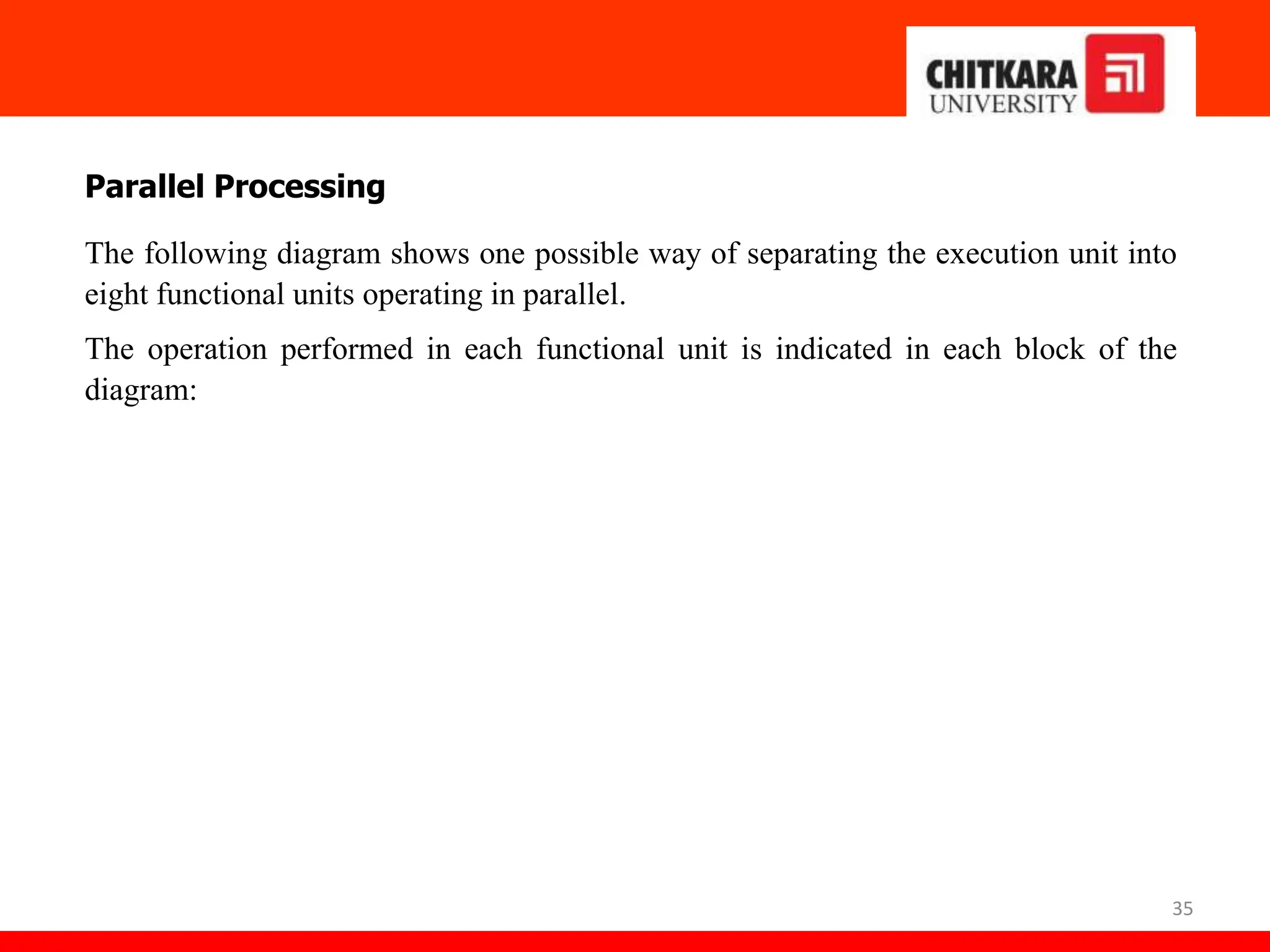 35
Parallel Processing
The following diagram shows one possible way of separating the execution unit into
eight functional units operating in parallel.
The operation performed in each functional unit is indicated in each block of the
diagram:
 