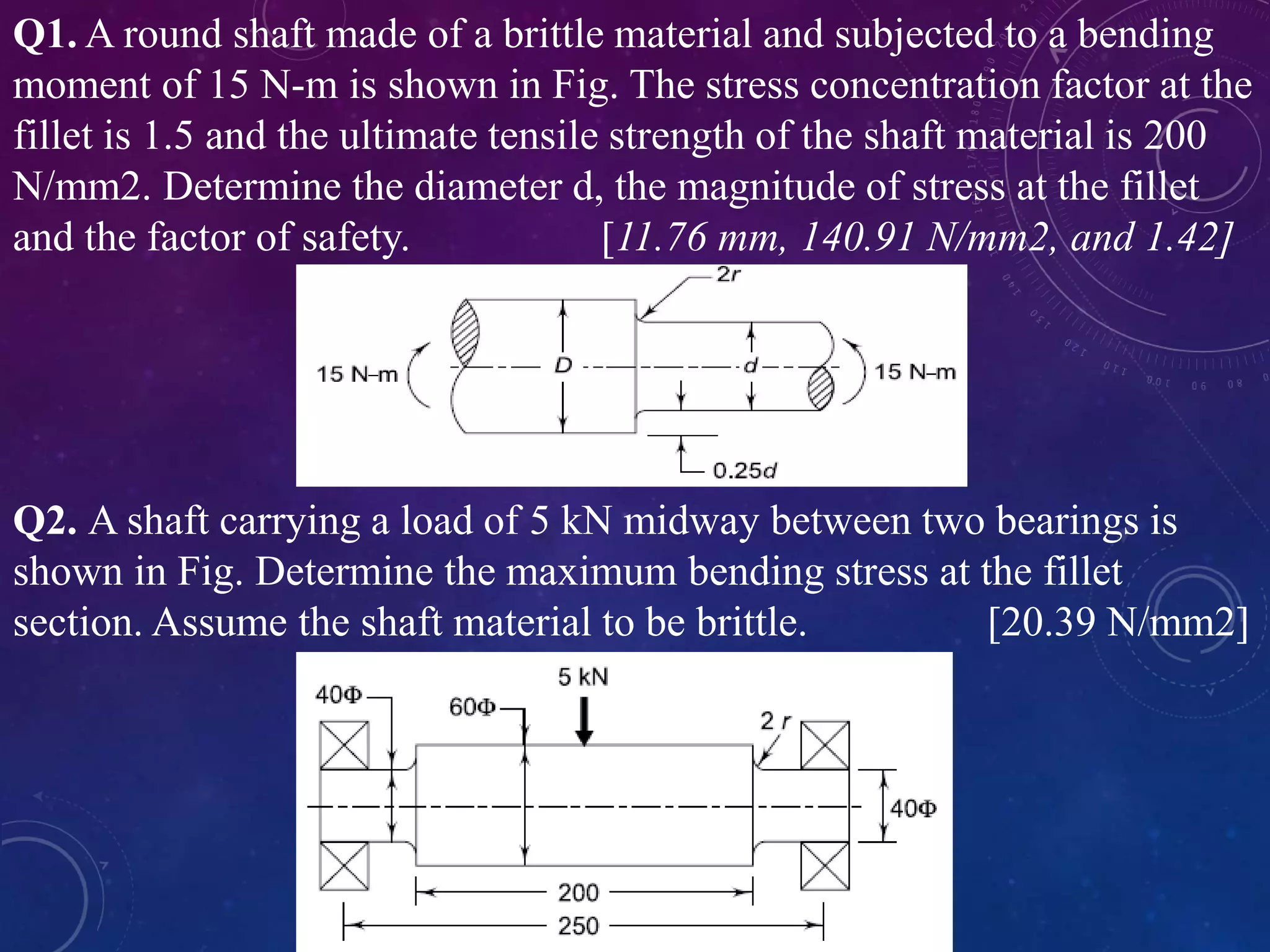 Q1. A round shaft made of a brittle material and subjected to a bending
moment of 15 N-m is shown in Fig. The stress concentration factor at the
fillet is 1.5 and the ultimate tensile strength of the shaft material is 200
N/mm2. Determine the diameter d, the magnitude of stress at the fillet
and the factor of safety. [11.76 mm, 140.91 N/mm2, and 1.42]
Q2. A shaft carrying a load of 5 kN midway between two bearings is
shown in Fig. Determine the maximum bending stress at the fillet
section. Assume the shaft material to be brittle. [20.39 N/mm2]
 