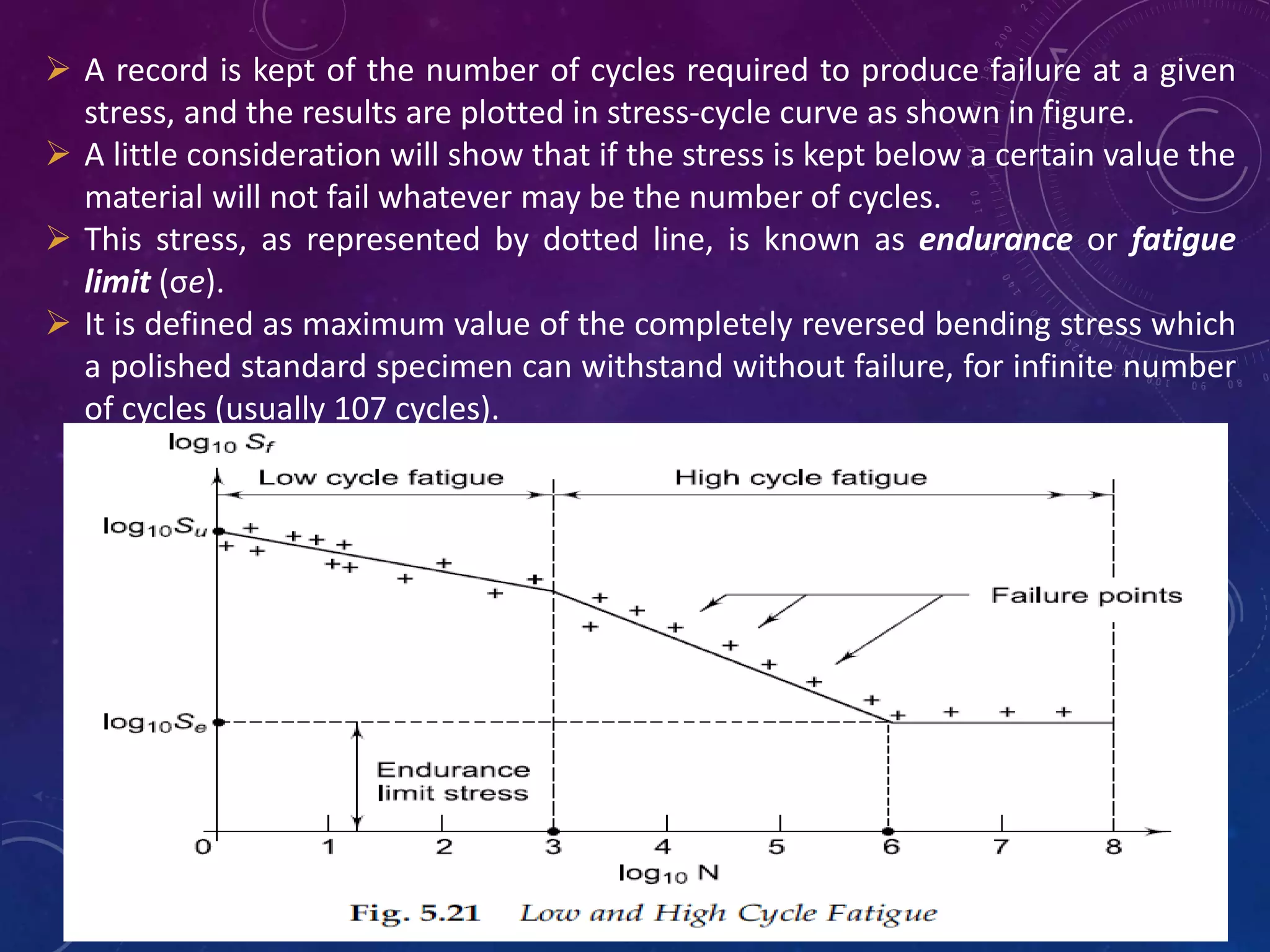 A record is kept of the number of cycles required to produce failure at a given
stress, and the results are plotted in stress-cycle curve as shown in figure.
 A little consideration will show that if the stress is kept below a certain value the
material will not fail whatever may be the number of cycles.
 This stress, as represented by dotted line, is known as endurance or fatigue
limit (σe).
 It is defined as maximum value of the completely reversed bending stress which
a polished standard specimen can withstand without failure, for infinite number
of cycles (usually 107 cycles).
 
