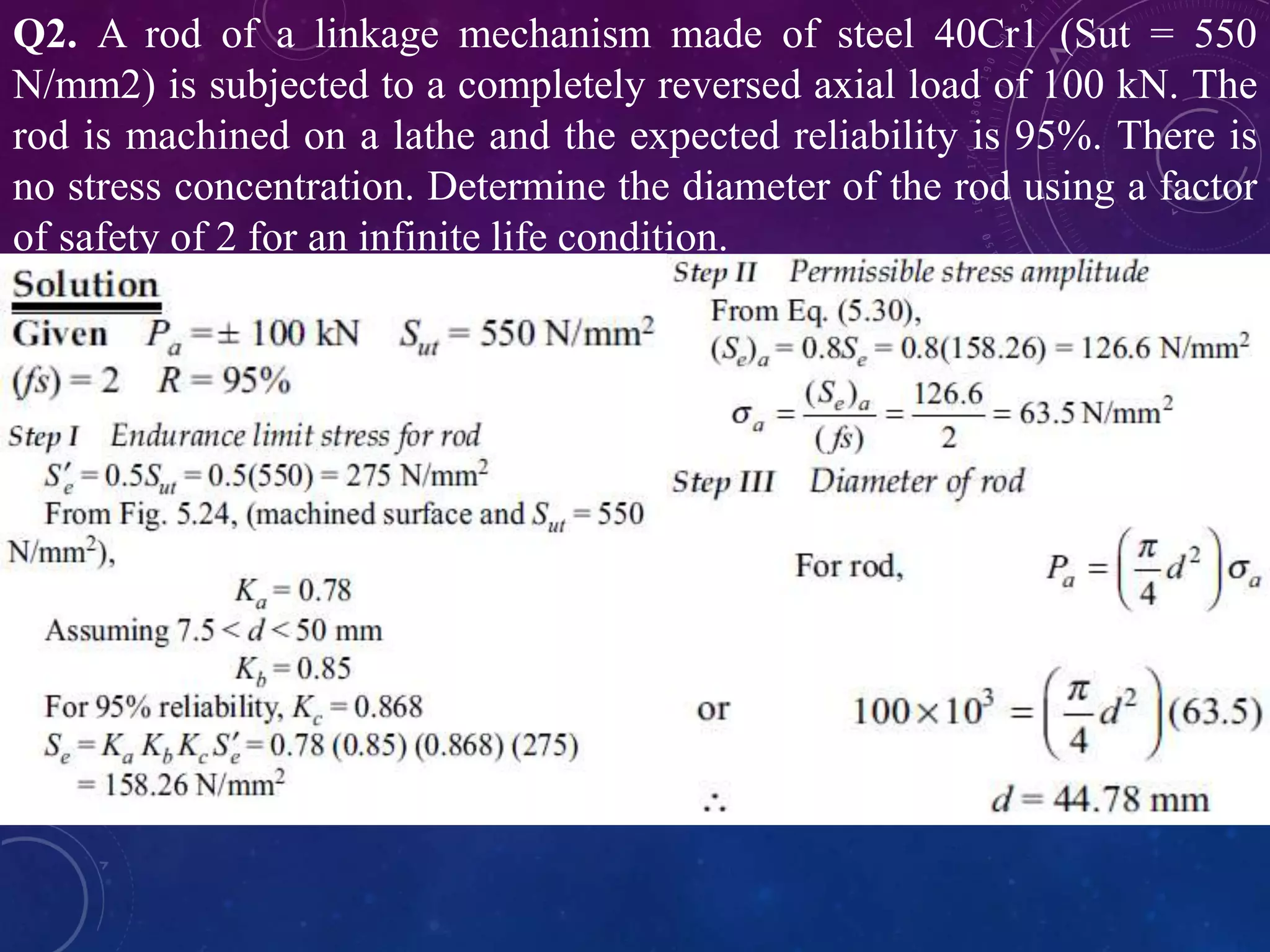 Q2. A rod of a linkage mechanism made of steel 40Cr1 (Sut = 550
N/mm2) is subjected to a completely reversed axial load of 100 kN. The
rod is machined on a lathe and the expected reliability is 95%. There is
no stress concentration. Determine the diameter of the rod using a factor
of safety of 2 for an infinite life condition.
 