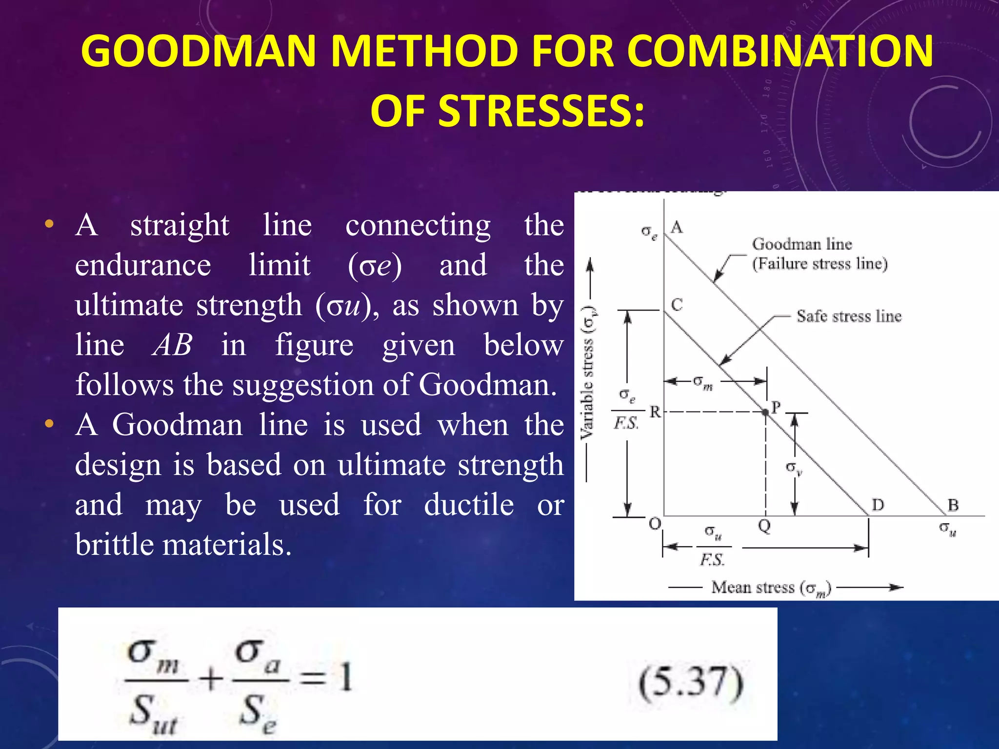 • A straight line connecting the
endurance limit (σe) and the
ultimate strength (σu), as shown by
line AB in figure given below
follows the suggestion of Goodman.
• A Goodman line is used when the
design is based on ultimate strength
and may be used for ductile or
brittle materials.
GOODMAN METHOD FOR COMBINATION
OF STRESSES:
 