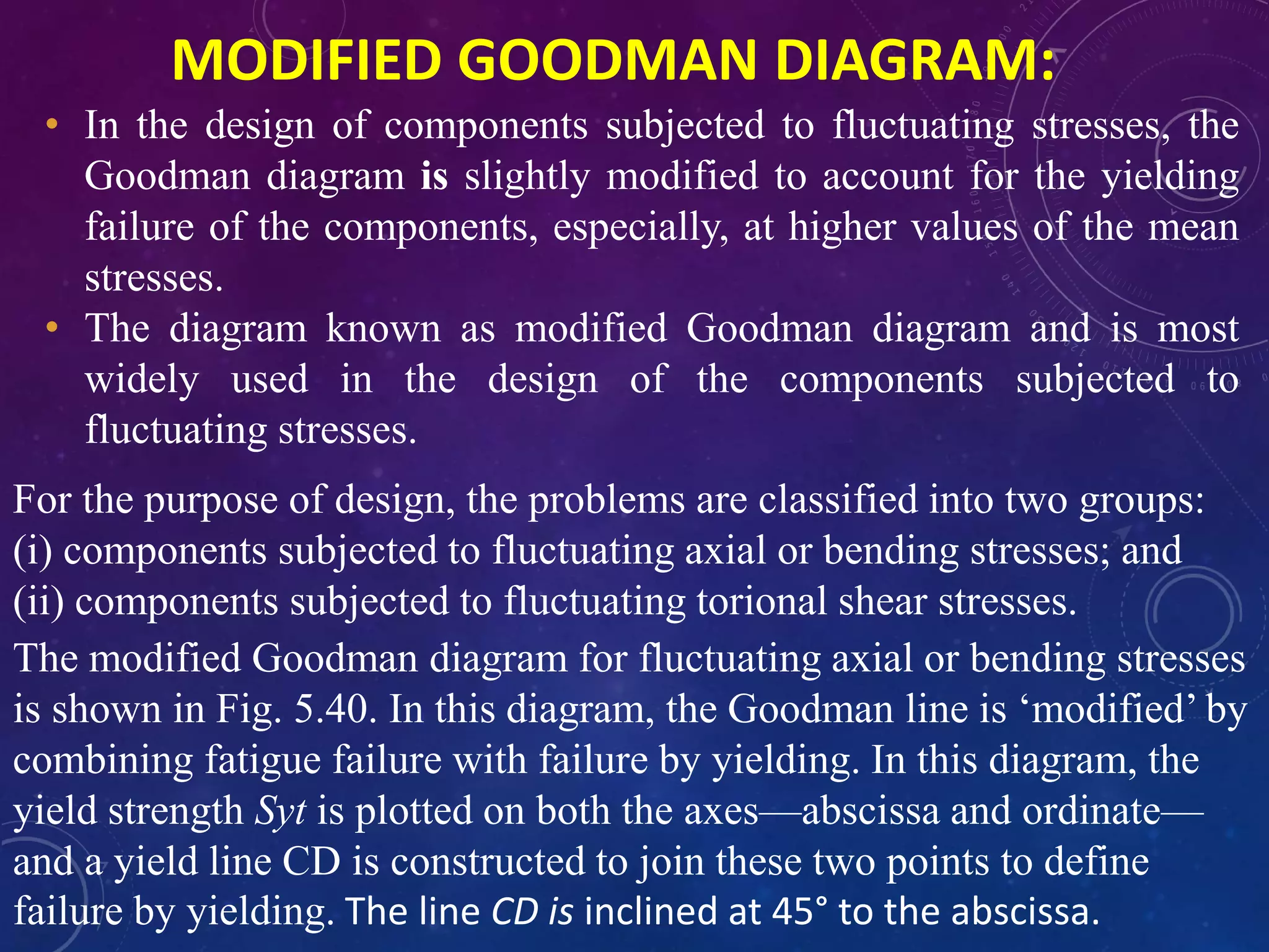 • In the design of components subjected to fluctuating stresses, the
Goodman diagram is slightly modified to account for the yielding
failure of the components, especially, at higher values of the mean
stresses.
• The diagram known as modified Goodman diagram and is most
widely used in the design of the components subjected to
fluctuating stresses.
MODIFIED GOODMAN DIAGRAM:
For the purpose of design, the problems are classified into two groups:
(i) components subjected to fluctuating axial or bending stresses; and
(ii) components subjected to fluctuating torional shear stresses.
The modified Goodman diagram for fluctuating axial or bending stresses
is shown in Fig. 5.40. In this diagram, the Goodman line is ‘modified’ by
combining fatigue failure with failure by yielding. In this diagram, the
yield strength Syt is plotted on both the axes—abscissa and ordinate—
and a yield line CD is constructed to join these two points to define
failure by yielding. The line CD is inclined at 45° to the abscissa.
 