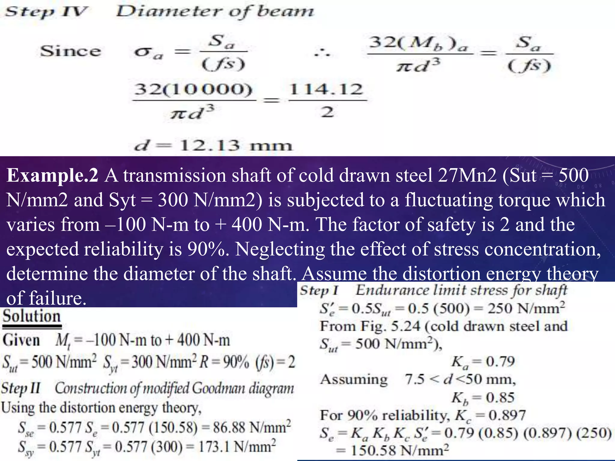 Example.2 A transmission shaft of cold drawn steel 27Mn2 (Sut = 500
N/mm2 and Syt = 300 N/mm2) is subjected to a fluctuating torque which
varies from –100 N-m to + 400 N-m. The factor of safety is 2 and the
expected reliability is 90%. Neglecting the effect of stress concentration,
determine the diameter of the shaft. Assume the distortion energy theory
of failure.
 