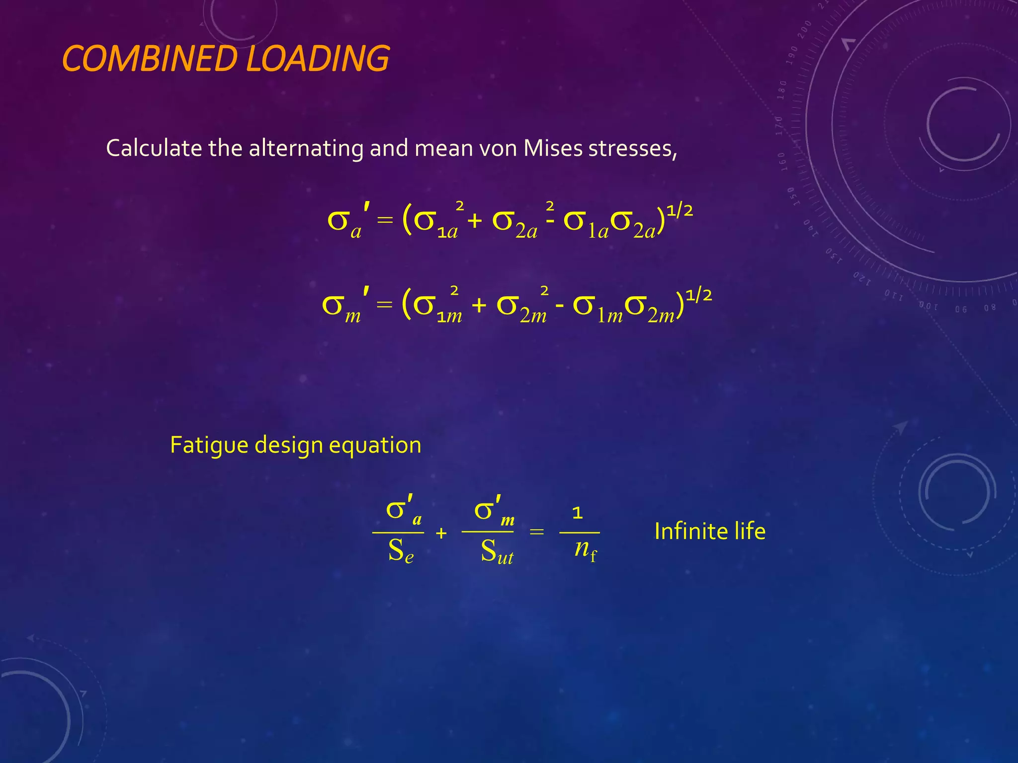 COMBINED LOADING
Calculate the alternating and mean von Mises stresses,
a′ = (1a + 2a - 1a2a)1/2
2 2
m′ = (1m + 2m - 1m2m)1/2
2 2
Fatigue design equation
nf
Se
1
=
Sut
′a ′m
+ Infinite life
 