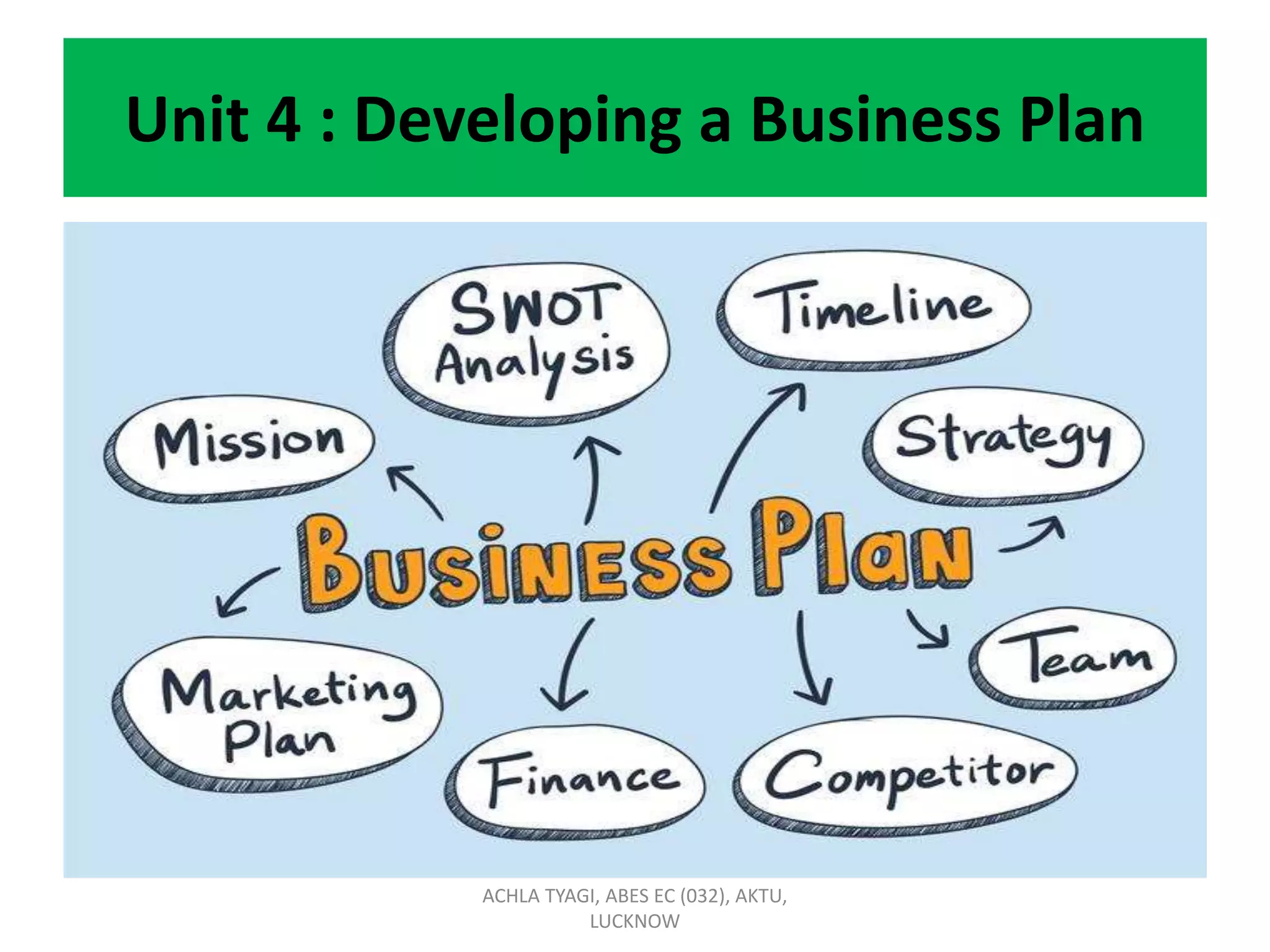 Unit 4 : Developing a Business Plan
ACHLA TYAGI, ABES EC (032), AKTU,
LUCKNOW
 
