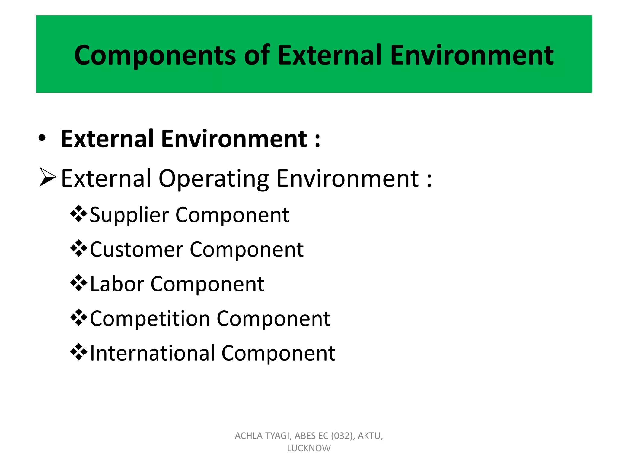 Components of External Environment
• External Environment :
External Operating Environment :
Supplier Component
Customer Component
Labor Component
Competition Component
International Component
ACHLA TYAGI, ABES EC (032), AKTU,
LUCKNOW
 