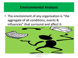 Environmental Analysis
• The environment of any organisation is “the
aggregate of all conditions, events &
influences” that surround and affect it.
ACHLA TYAGI, ABES EC (032), AKTU,
LUCKNOW
 