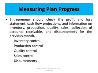 Measuring Plan Progress
• Entrepreneur should check the profit and loss
statement, cash flow projections, and information on
inventory, production, quality, sales, collection of
accounts receivable, and disbursements for the
previous month.
– Inventory control
– Production control
– Quality control
– Sales control
– Disbursements
ACHLA TYAGI, ABES EC (032), AKTU,
LUCKNOW
 